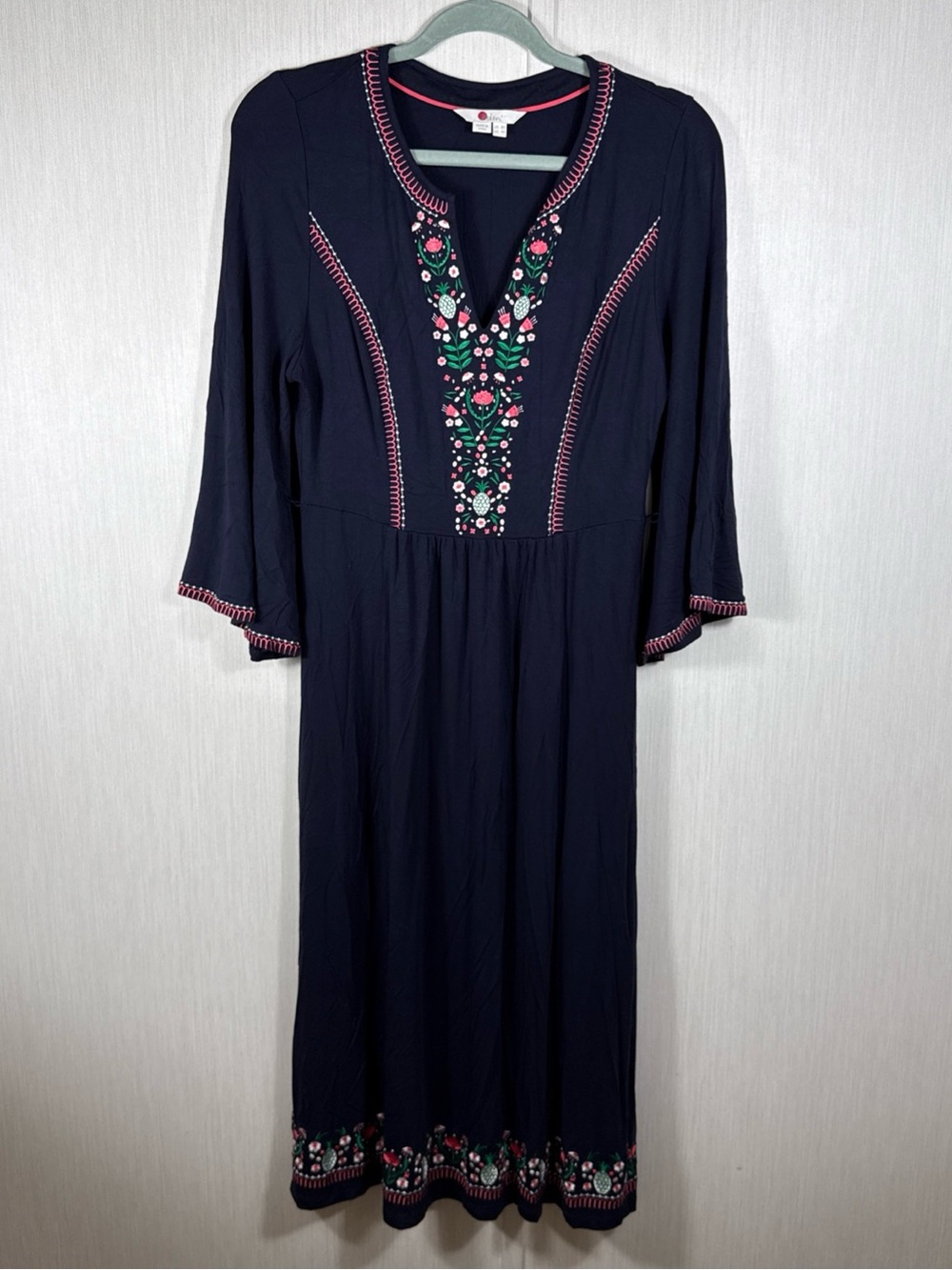 Boden Womens Jersey Embroidered Midi Dress US 4R Navy Cottagecore No Belt